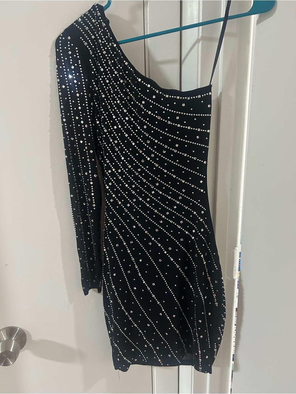Windsor Black One-Shoulder Rhinestone-Studded Bodycon Dress - Picture 2 of 2